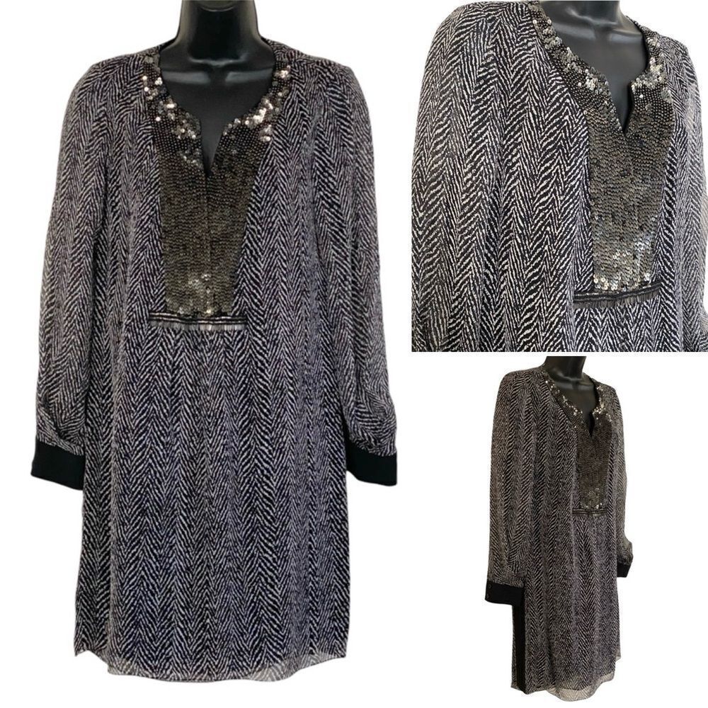 Rohit Gandhi + Rahul Khanna Black Gray Silk Metal Accent Mini Dress Sz XS